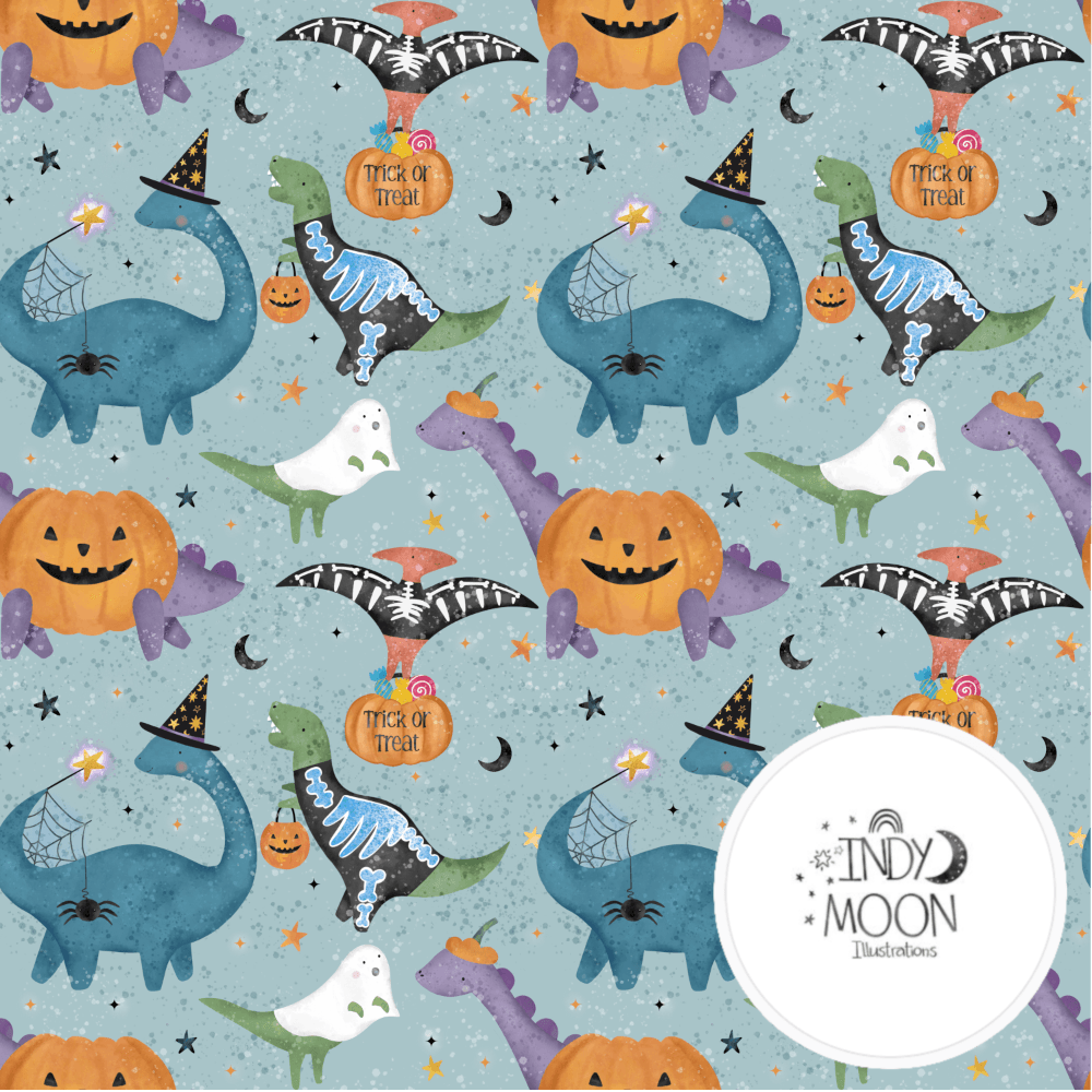 Cotton Jersey - Halloween Dinos in Duck Egg (EXCLUSIVE)-Jersey Fabric-Jelly Fabrics