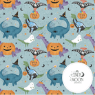 Cotton Jersey - Halloween Dinos in Duck Egg (EXCLUSIVE)-Jersey Fabric-Jelly Fabrics