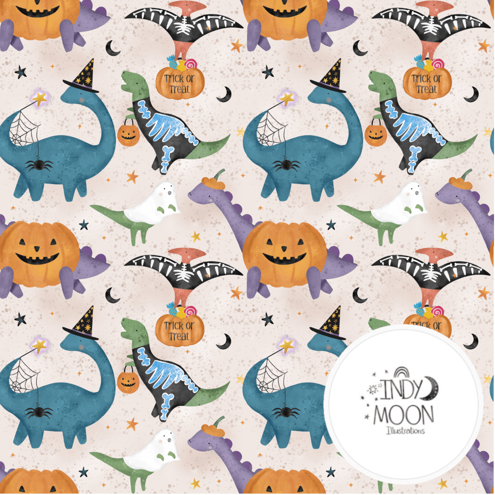 Cotton Jersey - Halloween Dinos in Natural (EXCLUSIVE)-Jersey Fabric-Jelly Fabrics