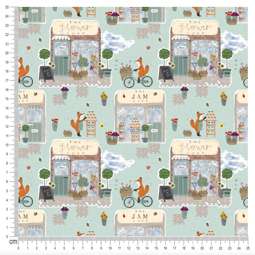 Cotton Jersey - Little Shops in Duck Egg (EXCLUSIVE)-Jersey Fabric-Jelly Fabrics