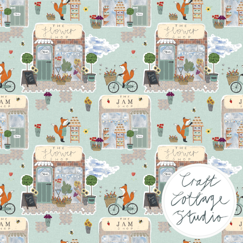 Cotton Jersey - Little Shops in Duck Egg (EXCLUSIVE)-Jersey Fabric-Jelly Fabrics