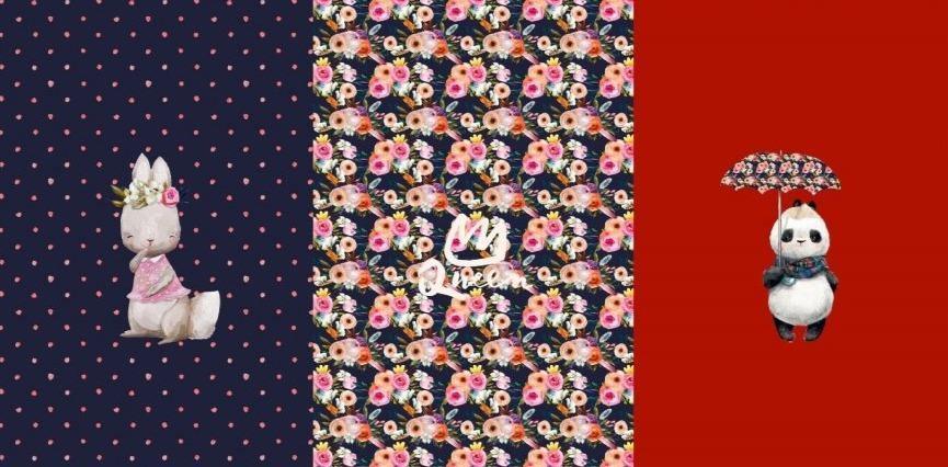 Cotton Jersey Panel - Panda and Bunny Floral Dark Blue/Rust-Jersey Panel-Jelly Fabrics