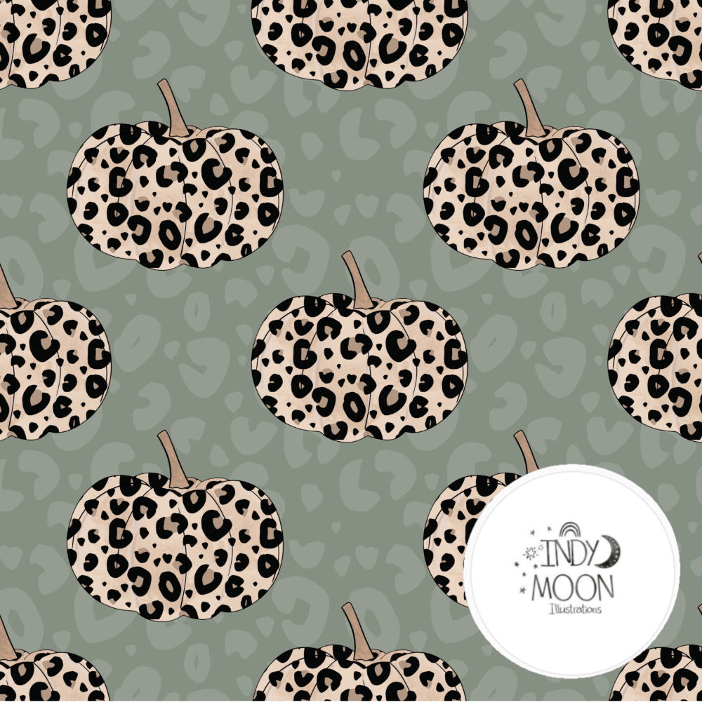 Cotton Jersey - Leopard Pumpkins in Sage (EXCLUSIVE)-Jersey Fabric-Jelly Fabrics
