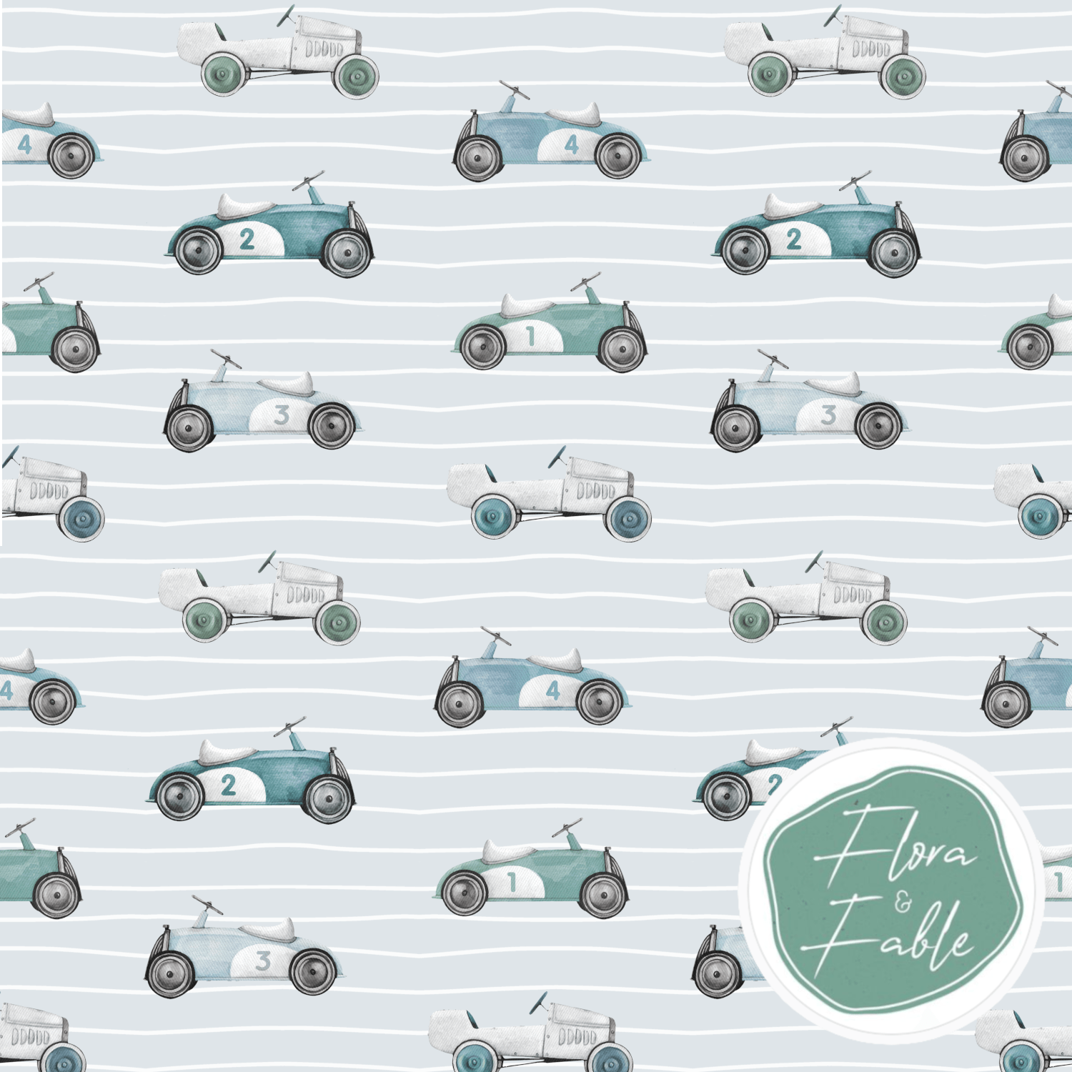 PRE-ORDER!!! - Organic Cotton Jersey - Retro Cars in Breeze (EXCLUSIVE) (due Mar)-Jersey Fabric-Jelly Fabrics