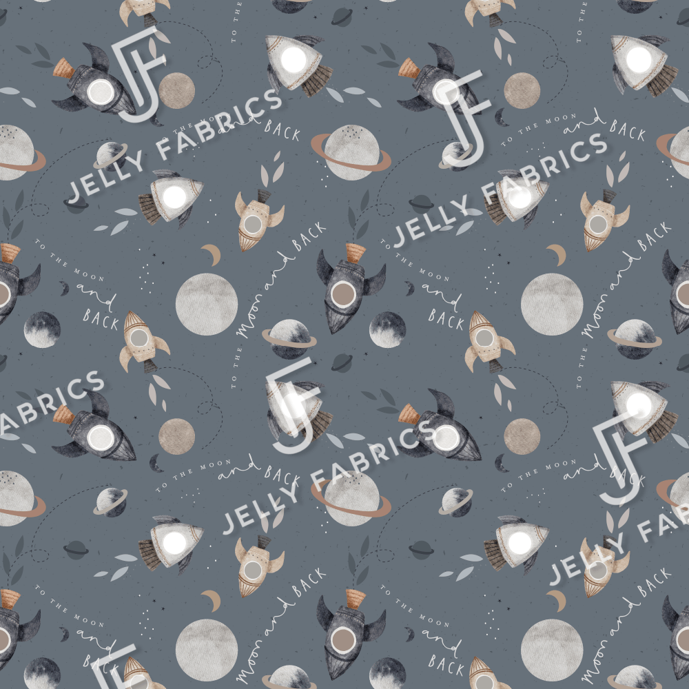 PRE-ORDER!!! - Cotton Jersey - To the Moon in Steel (due July)-Jersey Fabric-Jelly Fabrics